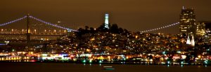 San Francisco skyline kvällstid, Kalifornien USA