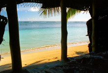 Utsikt från vår hydda på Tanu Beach Fales, Samoa