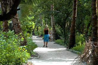 Sandstigen från restaurangen leder förbi beachbungalows bort till poolbaren och bryggan ut till watervillas.