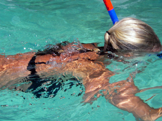 Anki simmar ut mot reven med snorkelutrustning.