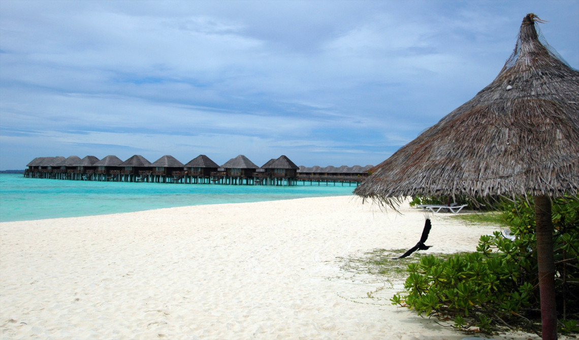 Till höger om vår plats i solen ligger Vilu Reefs watervillas vackert på sina pelare ute i vattnet.