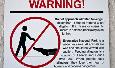 Skylt som varnar för att bli närgången med alligatorerna i Everglades, Florida