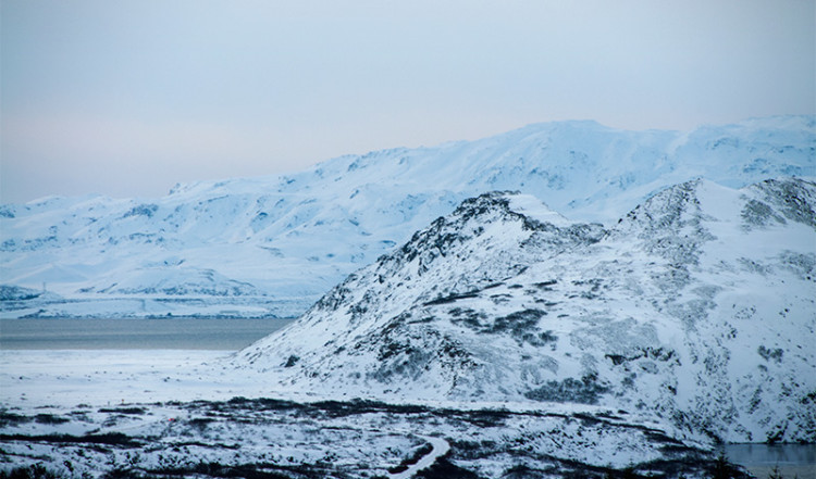 Snöklädda berg vid Þingvellir national park