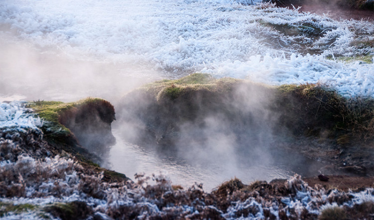 Frost i gräs och mossa runt lilla Geysir