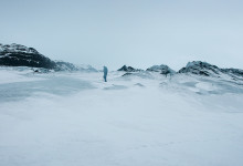 Äventyrare på glaciären vid Sólheimajökull, Island