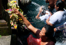 Kvinna ordnar offergåvor vid Purifying pool, Pura Tirtha Empul, Bali